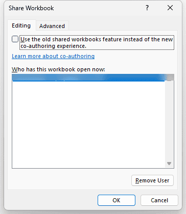 Share Workbook dialog, Editing tab, with "Use the old shared workbooks feature" cleared
