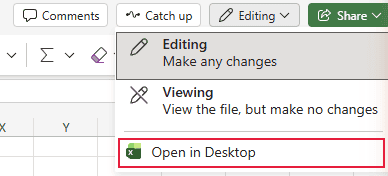 Excel for the web Editing menu with Open in Desktop highlighted