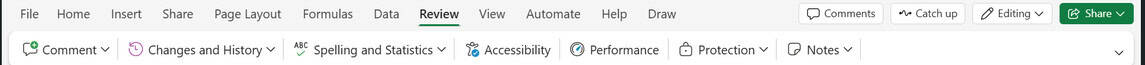 Review tab in Excel for the web, with no Unshare Workbook or Share Workbook (Legacy) command
