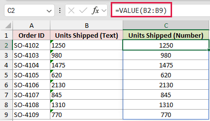 =VALUE(B2:B9) in C2