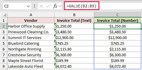 =VALUE(B2:B9) in C2