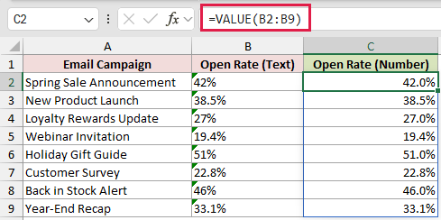 =VALUE(B2:B9) in C2