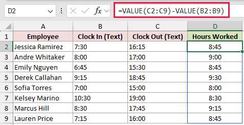 =VALUE(C2:C9)-VALUE(B2:B9) in D2