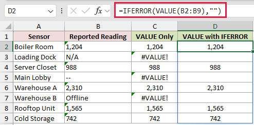 =IFERROR(VALUE(B2:B9),"") in D2