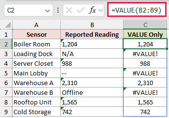 =VALUE(B2:B9) in C2
