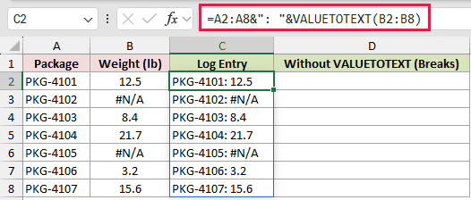 =A2:A8&": "&VALUETOTEXT(B2:B8) in C2