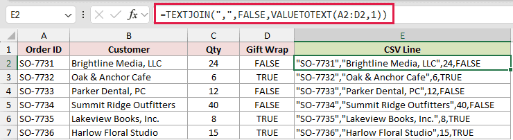 =TEXTJOIN(",",FALSE,VALUETOTEXT(A2:D2,1)) in E2