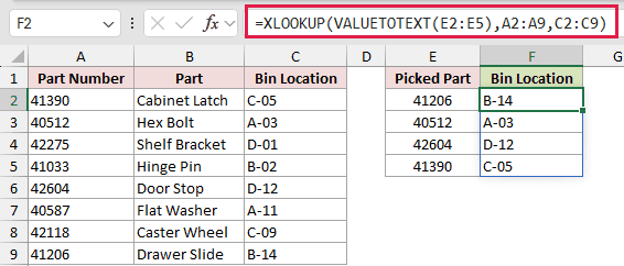 =XLOOKUP(VALUETOTEXT(E2:E5),A2:A9,C2:C9) in F2