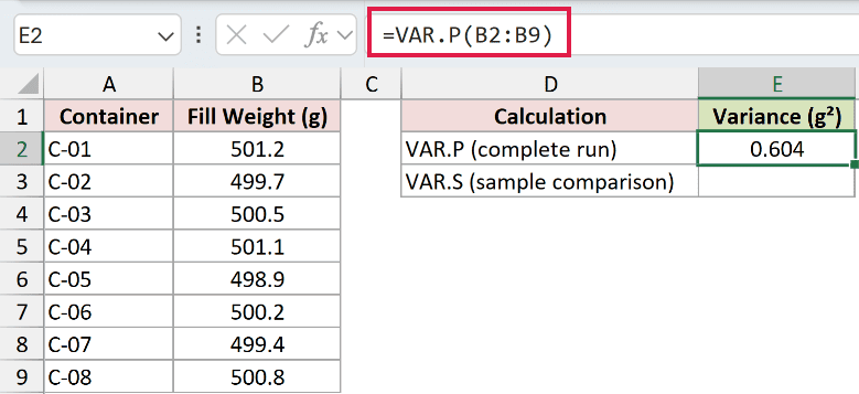 =VAR.P(B2:B9) in E2