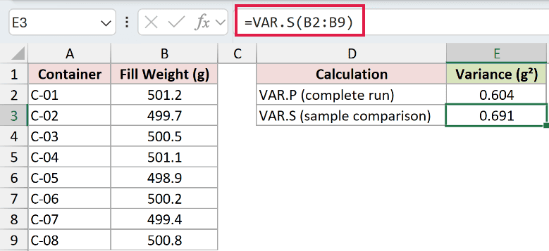 =VAR.S(B2:B9) in E3