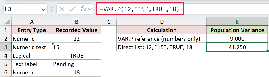 =VAR.P(12,"15",TRUE,18) in E3
