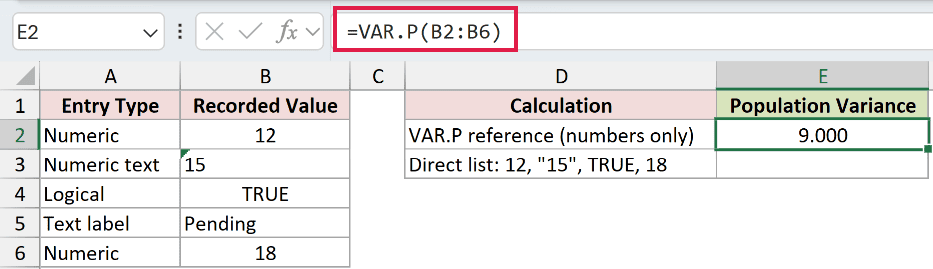 =VAR.P(B2:B6) in E2