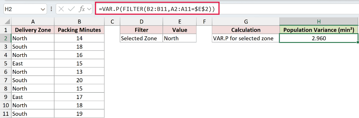 =VAR.P(FILTER(B2:B11,A2:A11=$E$2)) in H2