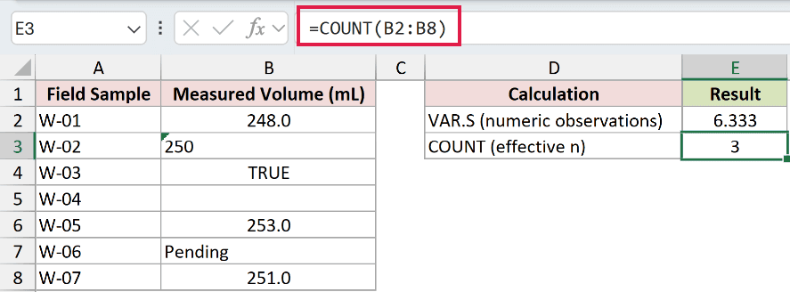 =COUNT(B2:B8) in E3