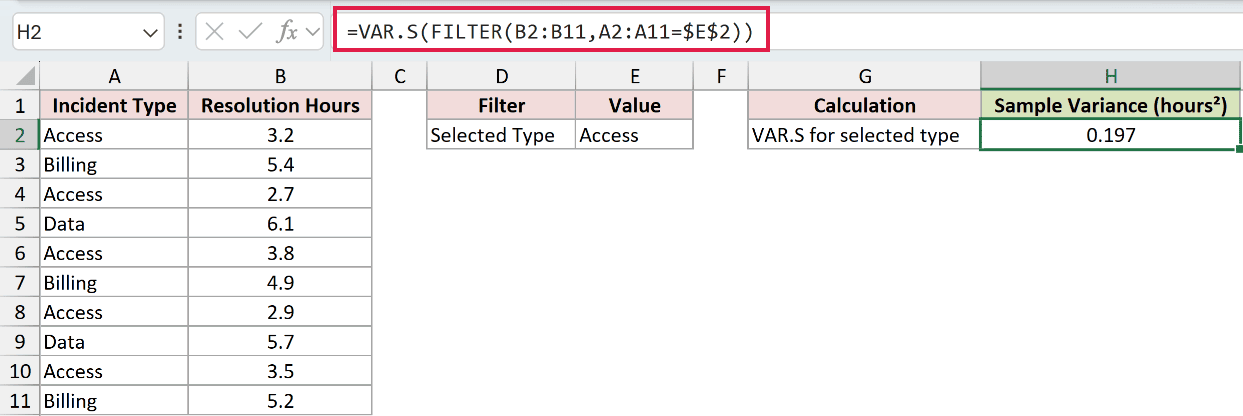 =VAR.S(FILTER(B2:B11,A2:A11=$E$2)) in H2