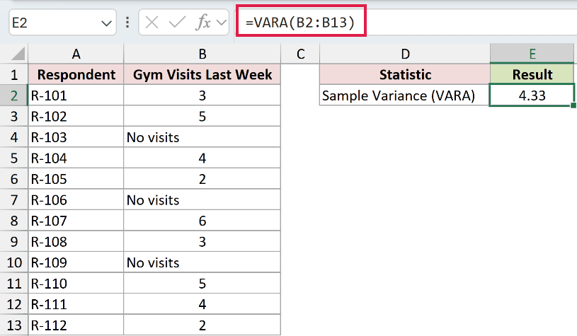 =VARA(B2:B13) in E2