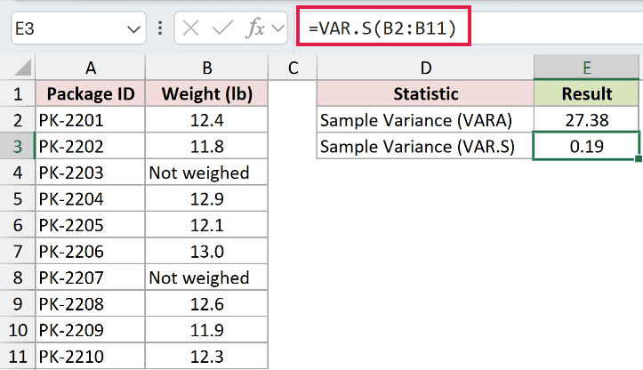 =VAR.S(B2:B11) in E3