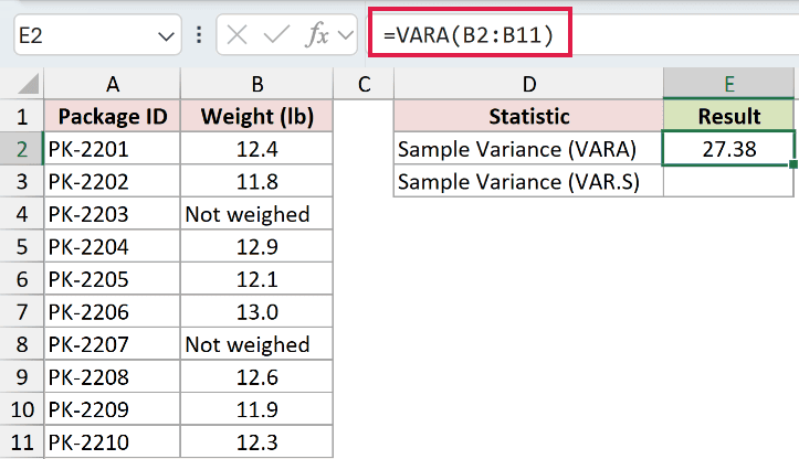 =VARA(B2:B11) in E2