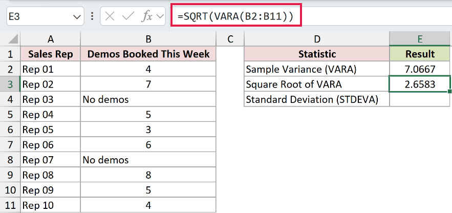 =SQRT(VARA(B2:B11)) in E3