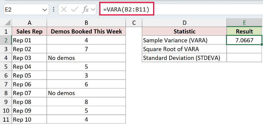 =VARA(B2:B11) in E2