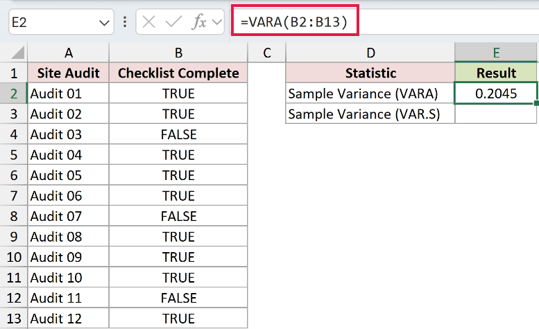 =VARA(B2:B13) in E2