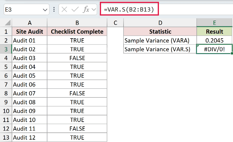 =VAR.S(B2:B13) in E3