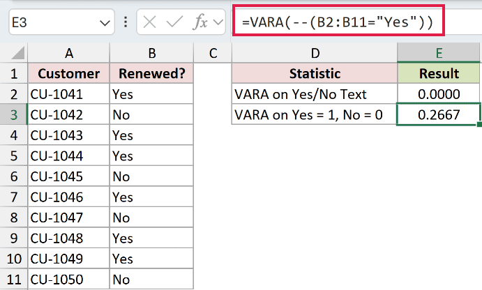 =VARA(--(B2:B11="Yes")) in E3