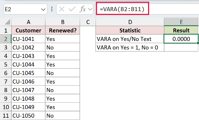 =VARA(B2:B11) in E2