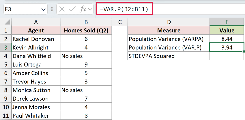 =VAR.P(B2:B11) in E3