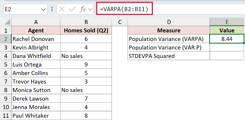 =VARPA(B2:B11) in E2