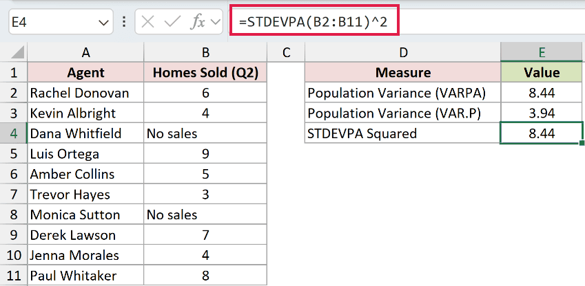 =STDEVPA(B2:B11)^2 in E4
