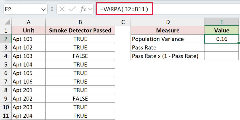 =VARPA(B2:B11) in E2