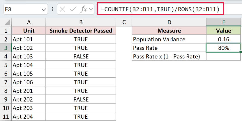 =COUNTIF(B2:B11,TRUE)/ROWS(B2:B11) in E3
