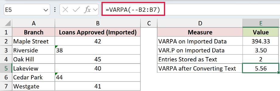 =VARPA(--B2:B7) in E5
