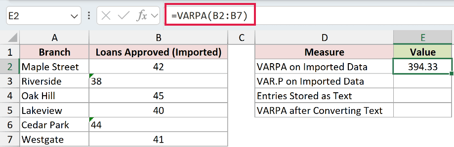 =VARPA(B2:B7) in E2