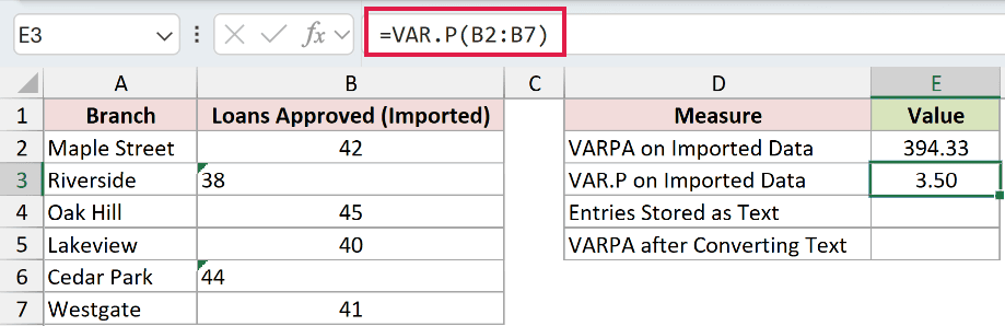 =VAR.P(B2:B7) in E3