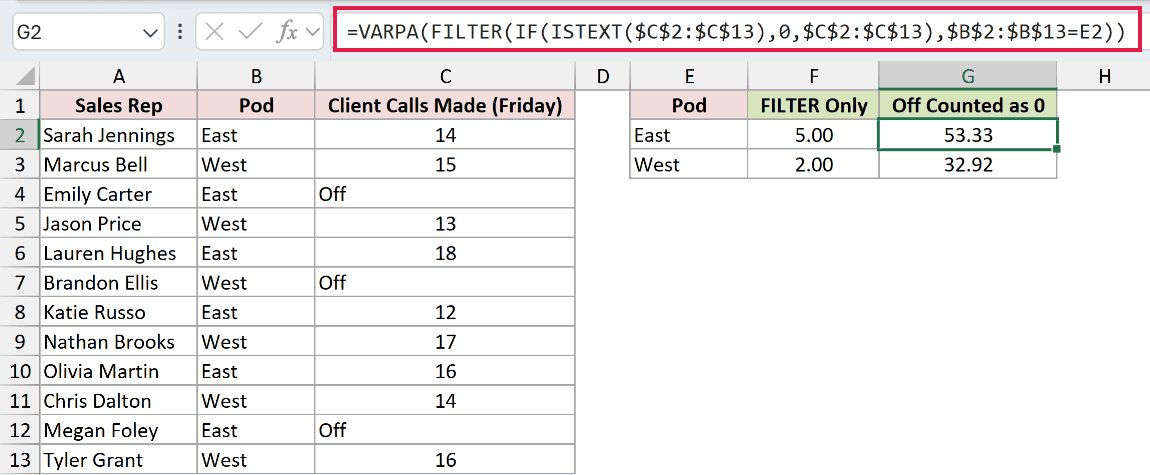 =VARPA(FILTER(IF(ISTEXT($C$2:$C$13),0,$C$2:$C$13),$B$2:$B$13=E2)) in G2