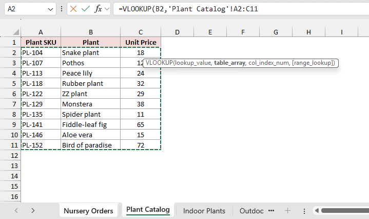 Selecting A2:C11 on the Plant Catalog sheet adds 'Plant Catalog'!A2:C11 to the formula.