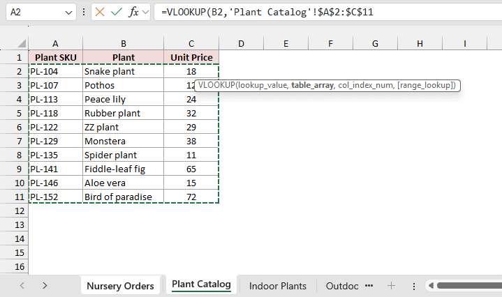 Pressing F4 locks the range as 'Plant Catalog'!$A$2:$C$11.