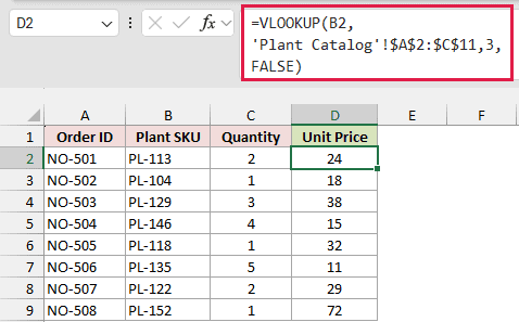 VLOOKUP in D2 returns unit prices from the Plant Catalog sheet.