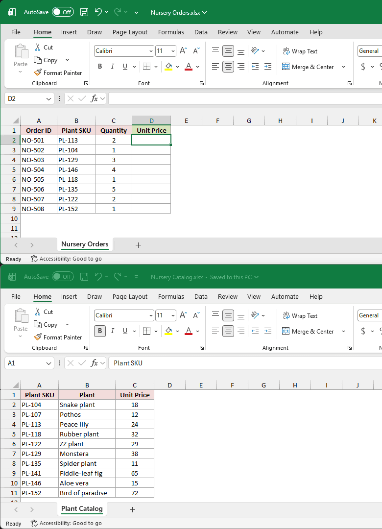 Nursery Orders.xlsx and Nursery Catalog.xlsx open in Excel, one above the other.