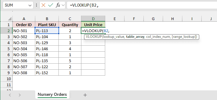 Typing =VLOOKUP(B2, in D2 of the orders workbook.