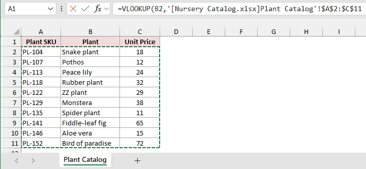Selecting A2:C11 in Nursery Catalog.xlsx adds the workbook and sheet reference.