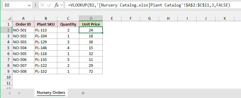 External VLOOKUP returns unit prices from Nursery Catalog.xlsx.