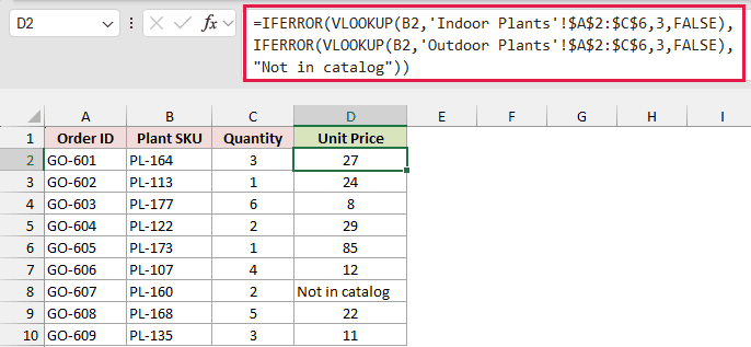IFERROR and VLOOKUP search Indoor Plants, then Outdoor Plants, and show Not in catalog for a missing SKU.