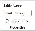 PlantCatalog in the Table Name box on the Table Design tab.