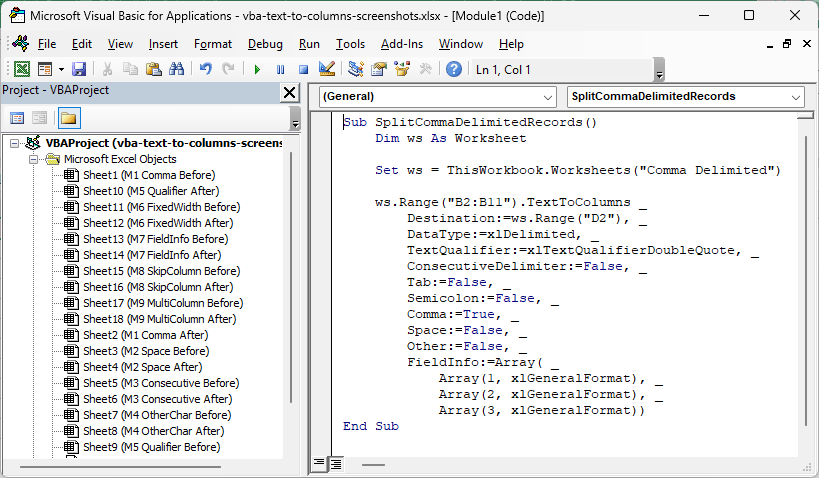 The SplitCommaDelimitedRecords macro pasted into a new standard module in the Visual Basic Editor