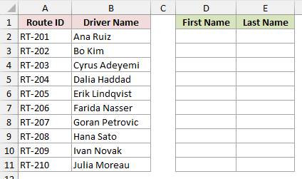 Route IDs in column A and two-part driver names such as Ana Ruiz in column B, with First Name and Last Name headers empty in D1:E1