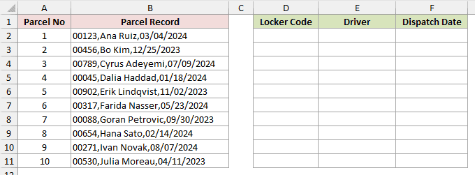Parcel numbers in column A and records such as 00123,Ana Ruiz,03/04/2024 in column B, with empty Locker Code, Driver and Dispatch Date headers