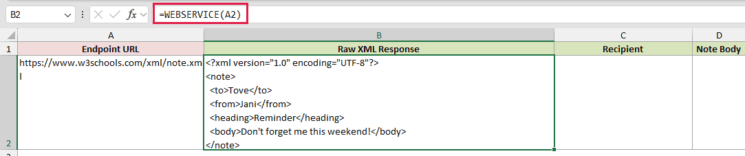 WEBSERVICE example 2: =WEBSERVICE(A2)